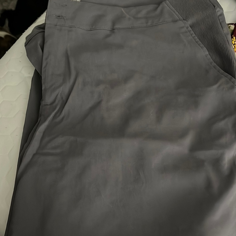 Grey dress pants with zippered/double button closure